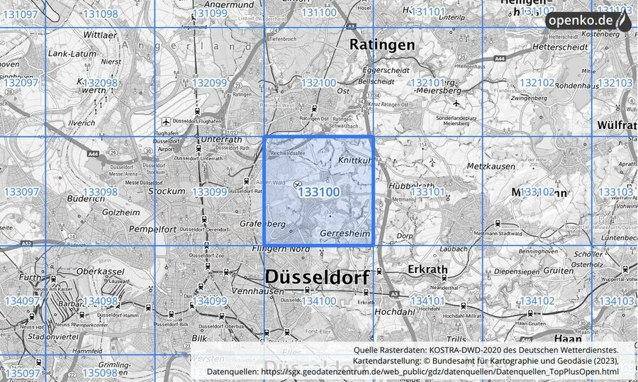 Übersichtskarte des KOSTRA-DWD-2020-Rasterfeldes Nr. 133100