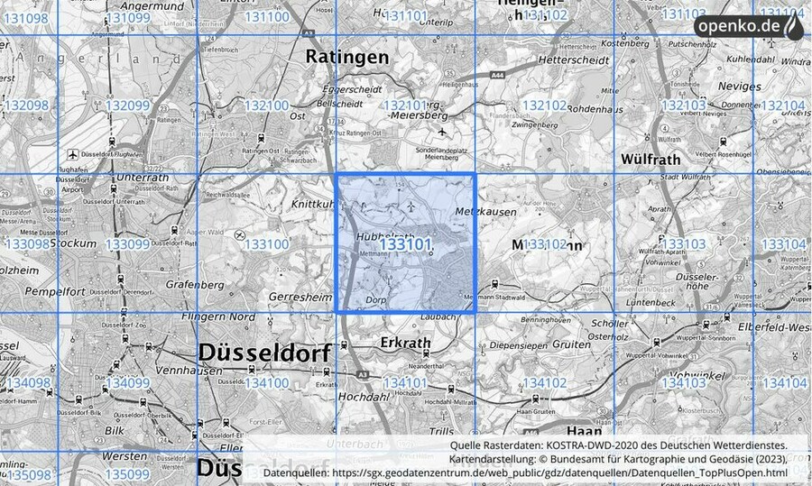 Übersichtskarte des KOSTRA-DWD-2020-Rasterfeldes Nr. 133101