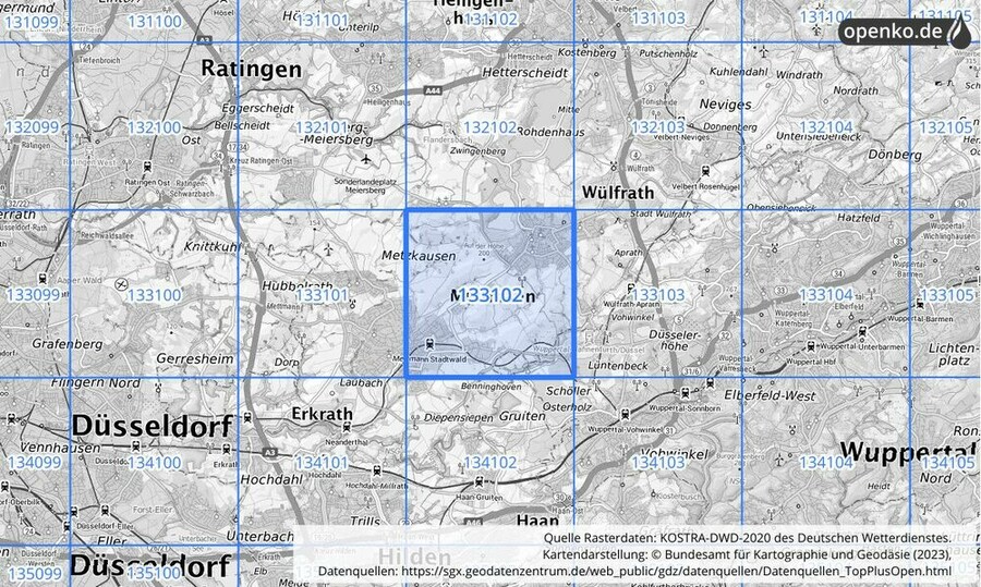 Übersichtskarte des KOSTRA-DWD-2020-Rasterfeldes Nr. 133102