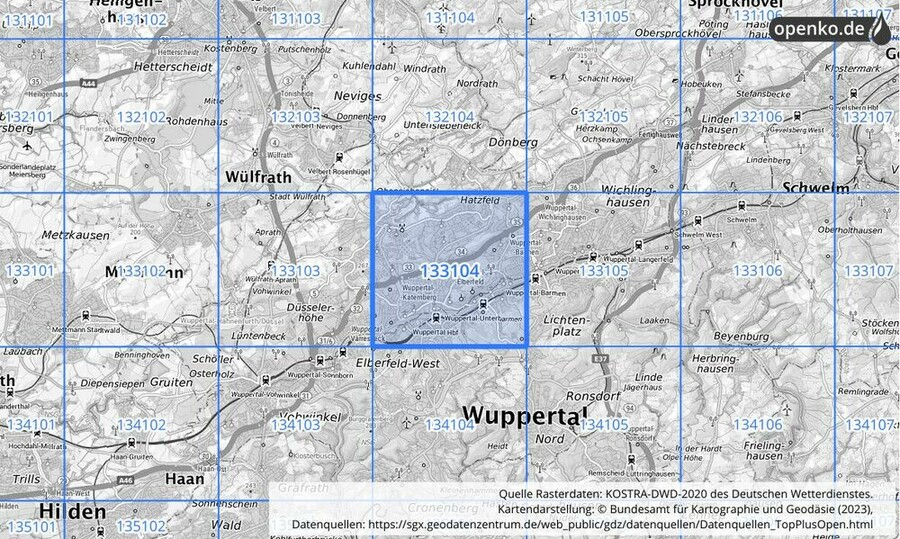 Übersichtskarte des KOSTRA-DWD-2020-Rasterfeldes Nr. 133104