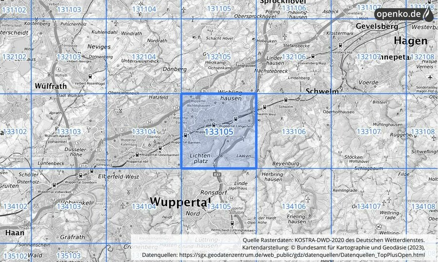 Übersichtskarte des KOSTRA-DWD-2020-Rasterfeldes Nr. 133105