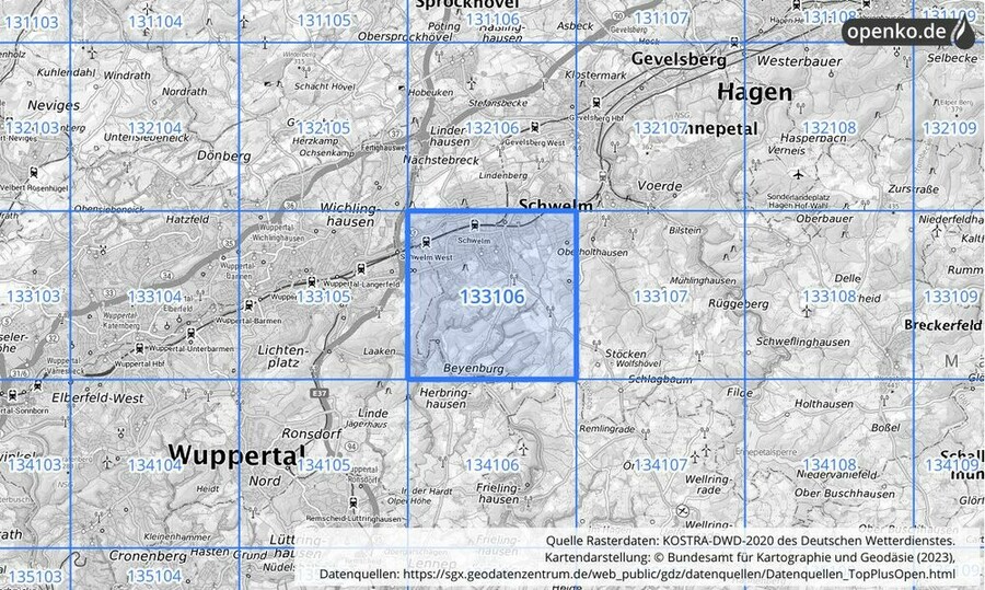 Übersichtskarte des KOSTRA-DWD-2020-Rasterfeldes Nr. 133106