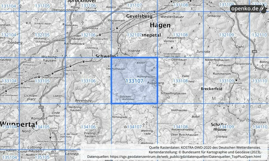 Übersichtskarte des KOSTRA-DWD-2020-Rasterfeldes Nr. 133107