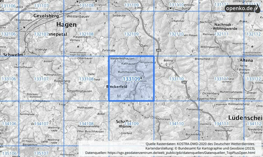 Übersichtskarte des KOSTRA-DWD-2020-Rasterfeldes Nr. 133109