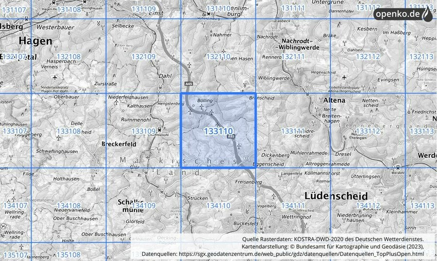 Übersichtskarte des KOSTRA-DWD-2020-Rasterfeldes Nr. 133110