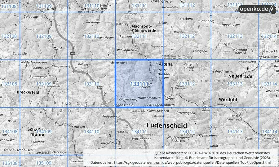 Übersichtskarte des KOSTRA-DWD-2020-Rasterfeldes Nr. 133111