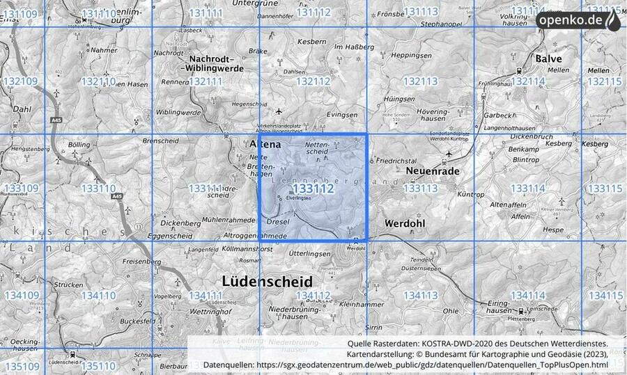 Übersichtskarte des KOSTRA-DWD-2020-Rasterfeldes Nr. 133112