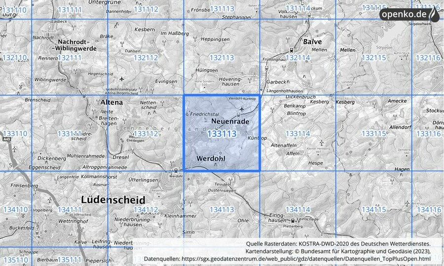 Übersichtskarte des KOSTRA-DWD-2020-Rasterfeldes Nr. 133113