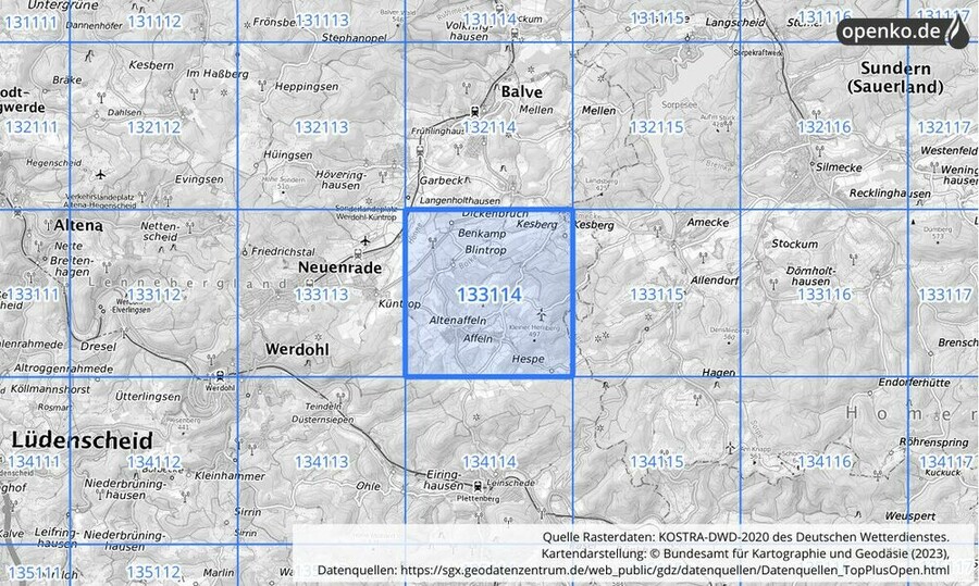 Übersichtskarte des KOSTRA-DWD-2020-Rasterfeldes Nr. 133114