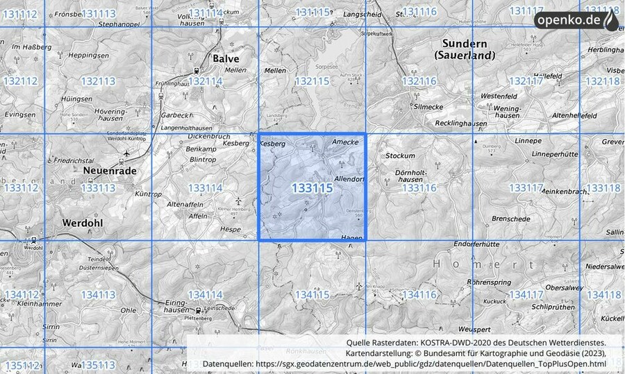 Übersichtskarte des KOSTRA-DWD-2020-Rasterfeldes Nr. 133115