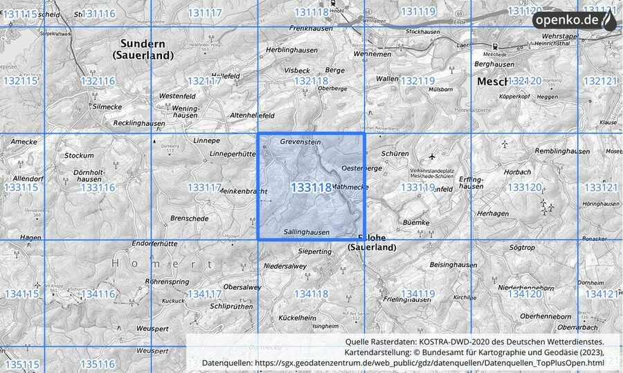 Übersichtskarte des KOSTRA-DWD-2020-Rasterfeldes Nr. 133118