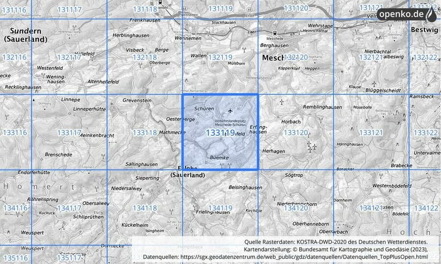 Übersichtskarte des KOSTRA-DWD-2020-Rasterfeldes Nr. 133119