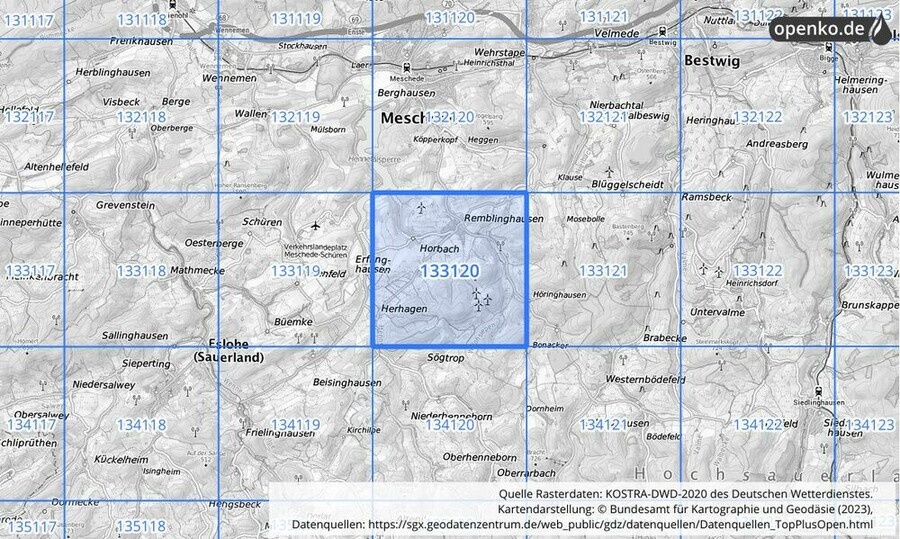 Übersichtskarte des KOSTRA-DWD-2020-Rasterfeldes Nr. 133120