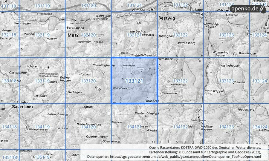 Übersichtskarte des KOSTRA-DWD-2020-Rasterfeldes Nr. 133121