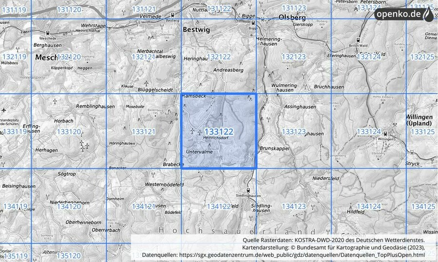 Übersichtskarte des KOSTRA-DWD-2020-Rasterfeldes Nr. 133122