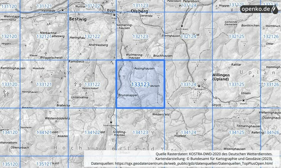 Übersichtskarte des KOSTRA-DWD-2020-Rasterfeldes Nr. 133123