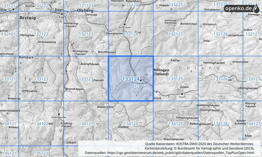 Übersichtskarte des KOSTRA-DWD-2020-Rasterfeldes Nr. 133124