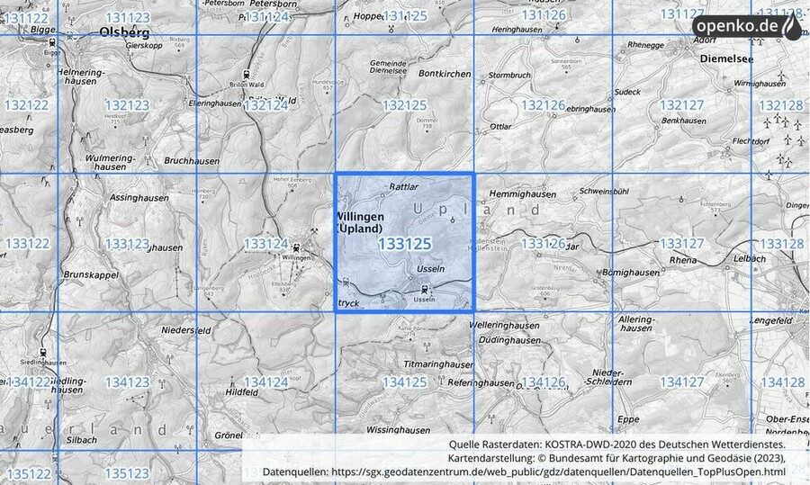 Übersichtskarte des KOSTRA-DWD-2020-Rasterfeldes Nr. 133125