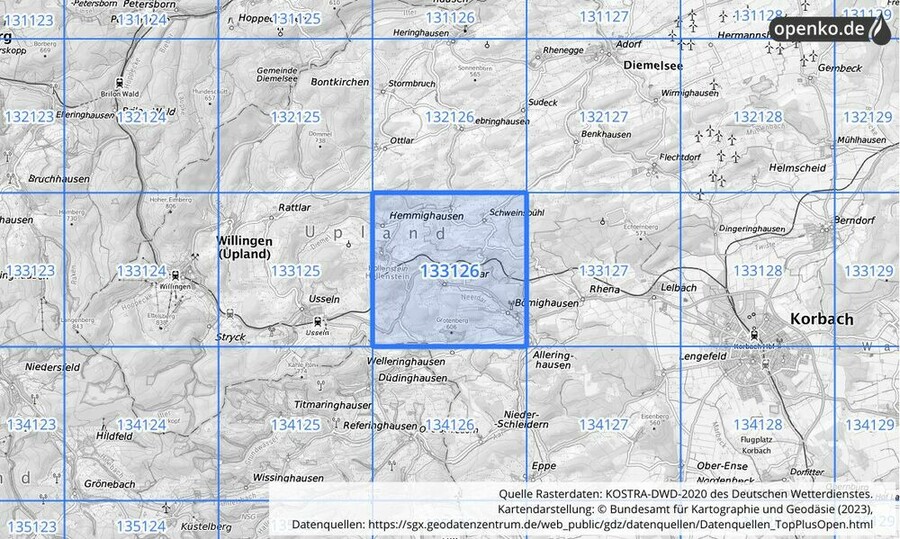 Übersichtskarte des KOSTRA-DWD-2020-Rasterfeldes Nr. 133126