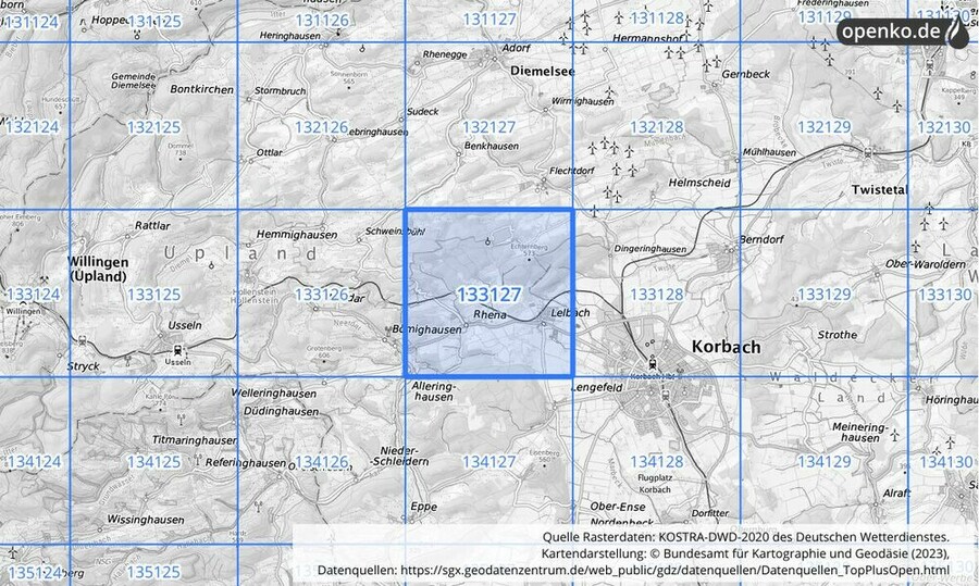 Übersichtskarte des KOSTRA-DWD-2020-Rasterfeldes Nr. 133127