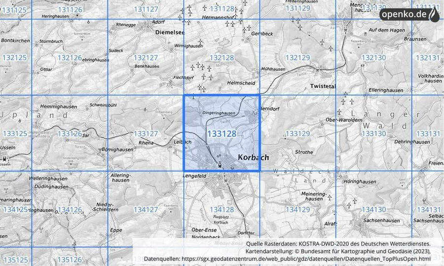 Übersichtskarte des KOSTRA-DWD-2020-Rasterfeldes Nr. 133128