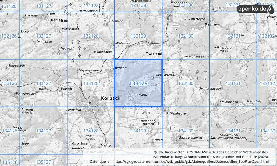 Übersichtskarte des KOSTRA-DWD-2020-Rasterfeldes Nr. 133129