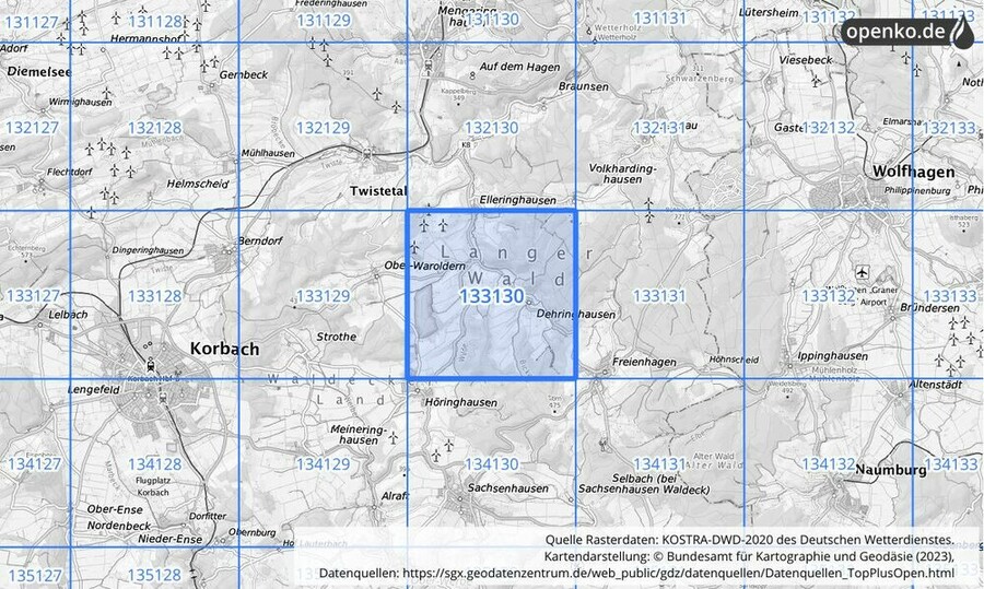 Übersichtskarte des KOSTRA-DWD-2020-Rasterfeldes Nr. 133130