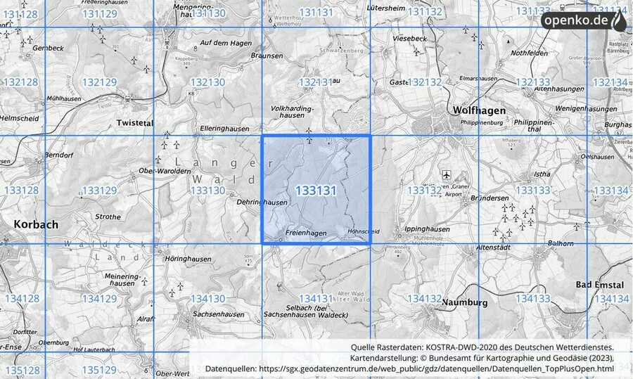 Übersichtskarte des KOSTRA-DWD-2020-Rasterfeldes Nr. 133131