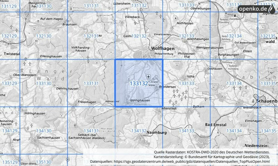 Übersichtskarte des KOSTRA-DWD-2020-Rasterfeldes Nr. 133132