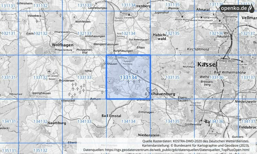 Übersichtskarte des KOSTRA-DWD-2020-Rasterfeldes Nr. 133134