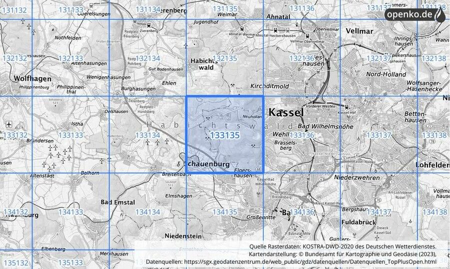 Übersichtskarte des KOSTRA-DWD-2020-Rasterfeldes Nr. 133135