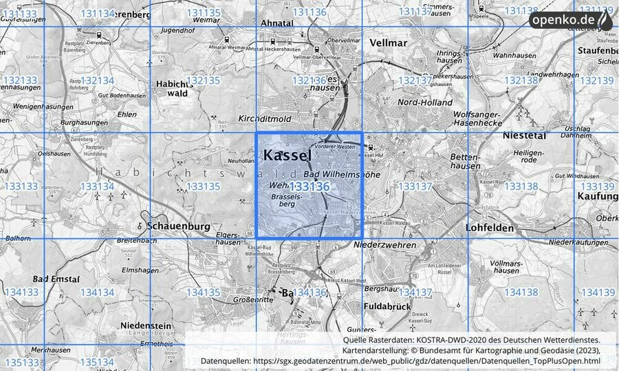 Übersichtskarte des KOSTRA-DWD-2020-Rasterfeldes Nr. 133136