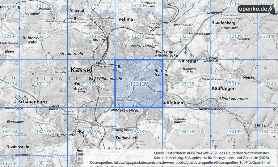 Übersichtskarte des KOSTRA-DWD-2020-Rasterfeldes Nr. 133137