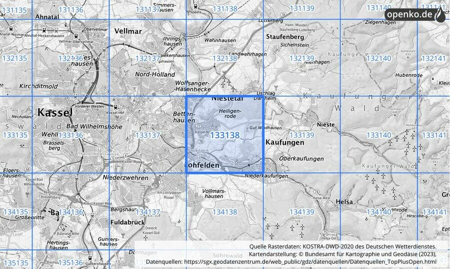 Übersichtskarte des KOSTRA-DWD-2020-Rasterfeldes Nr. 133138