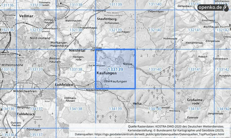 Übersichtskarte des KOSTRA-DWD-2020-Rasterfeldes Nr. 133139