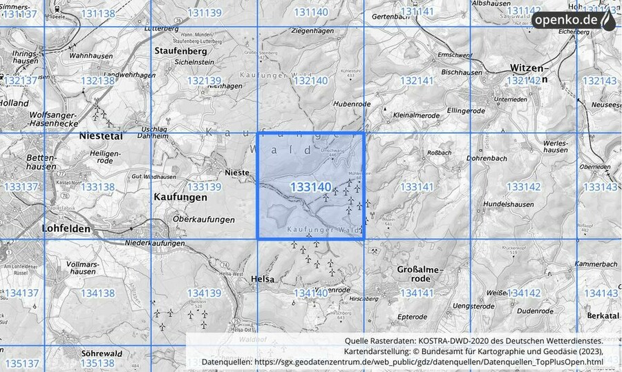 Übersichtskarte des KOSTRA-DWD-2020-Rasterfeldes Nr. 133140