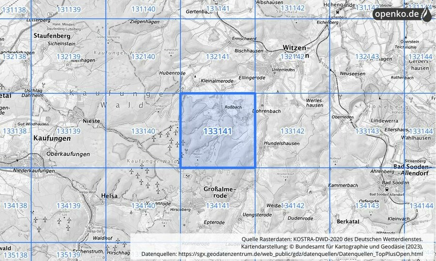 Übersichtskarte des KOSTRA-DWD-2020-Rasterfeldes Nr. 133141