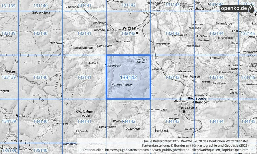 Übersichtskarte des KOSTRA-DWD-2020-Rasterfeldes Nr. 133142