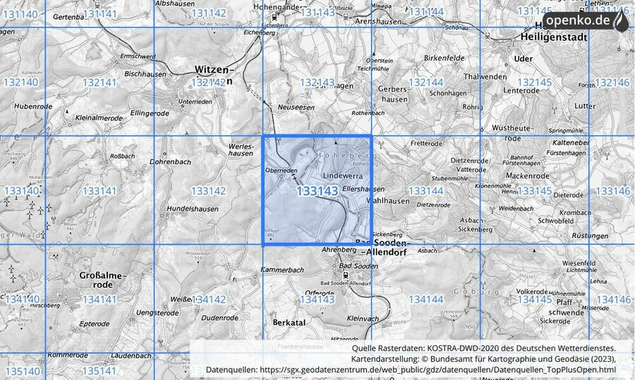 Übersichtskarte des KOSTRA-DWD-2020-Rasterfeldes Nr. 133143