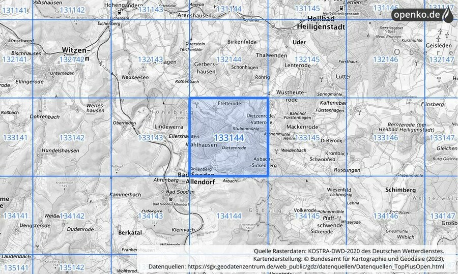 Übersichtskarte des KOSTRA-DWD-2020-Rasterfeldes Nr. 133144