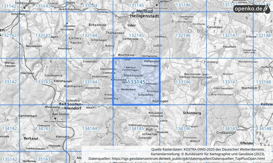 Übersichtskarte des KOSTRA-DWD-2020-Rasterfeldes Nr. 133145