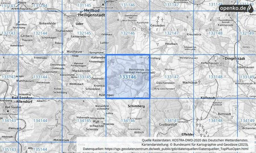 Übersichtskarte des KOSTRA-DWD-2020-Rasterfeldes Nr. 133146