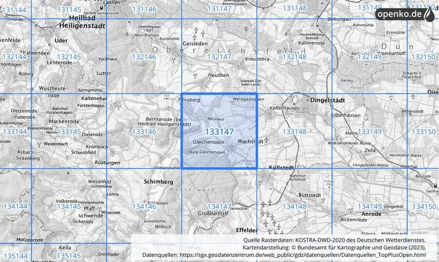 Übersichtskarte des KOSTRA-DWD-2020-Rasterfeldes Nr. 133147