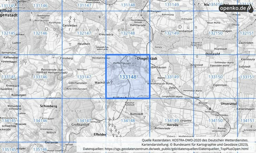 Übersichtskarte des KOSTRA-DWD-2020-Rasterfeldes Nr. 133148