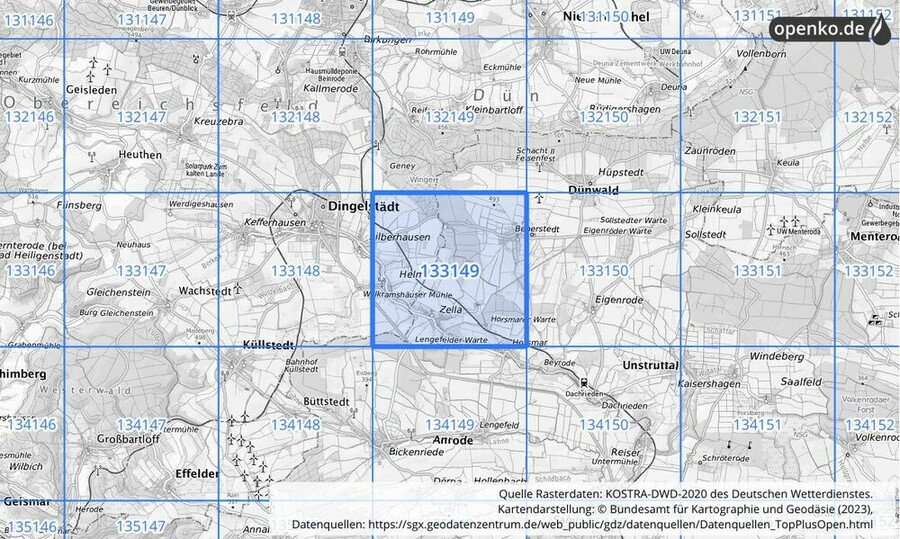 Übersichtskarte des KOSTRA-DWD-2020-Rasterfeldes Nr. 133149