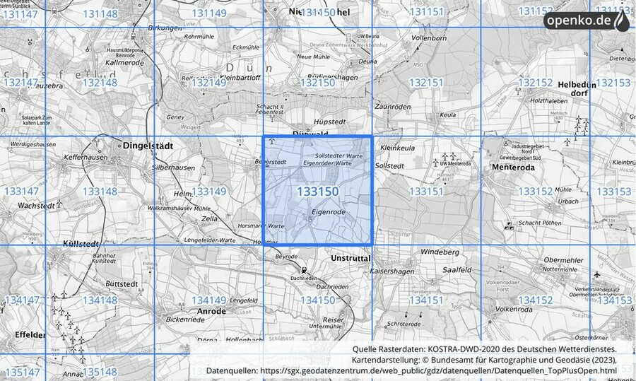 Übersichtskarte des KOSTRA-DWD-2020-Rasterfeldes Nr. 133150