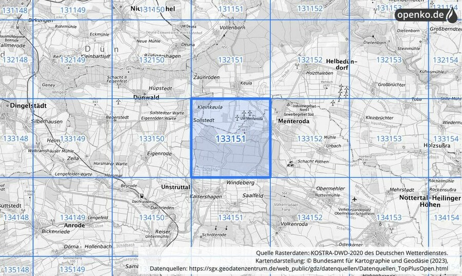 Übersichtskarte des KOSTRA-DWD-2020-Rasterfeldes Nr. 133151