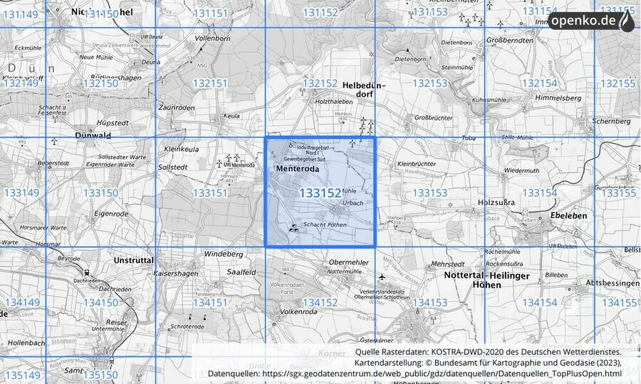 Übersichtskarte des KOSTRA-DWD-2020-Rasterfeldes Nr. 133152