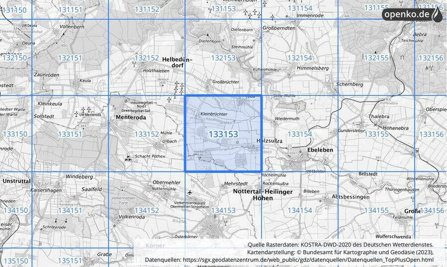 Übersichtskarte des KOSTRA-DWD-2020-Rasterfeldes Nr. 133153