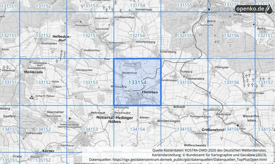 Übersichtskarte des KOSTRA-DWD-2020-Rasterfeldes Nr. 133154